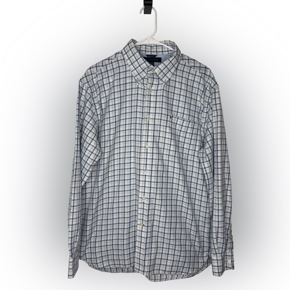 TOMMY HILFIGER Men's 80s Two Ply Cotton Sz Large Blue White Plaid Button Shirt